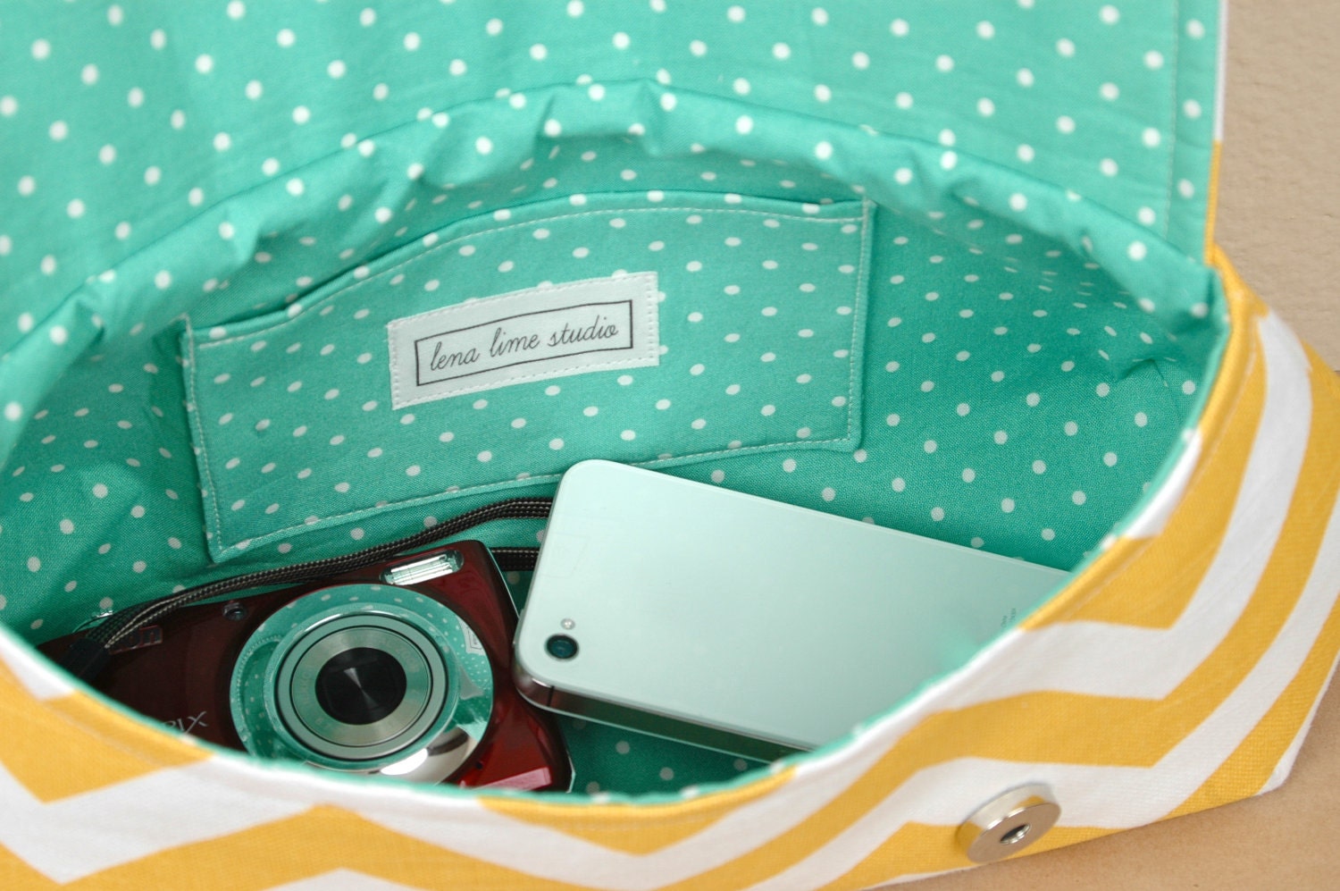XL Classic Clutch- Sweet Mustard Yellow with Teal Polka- Made to Order (last one)