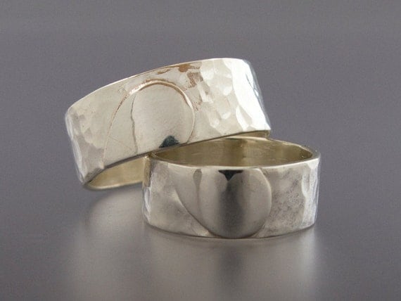 Extra Wide Heart Wedding Band Set - We Hold One Heart in Hammered Sterling Silver