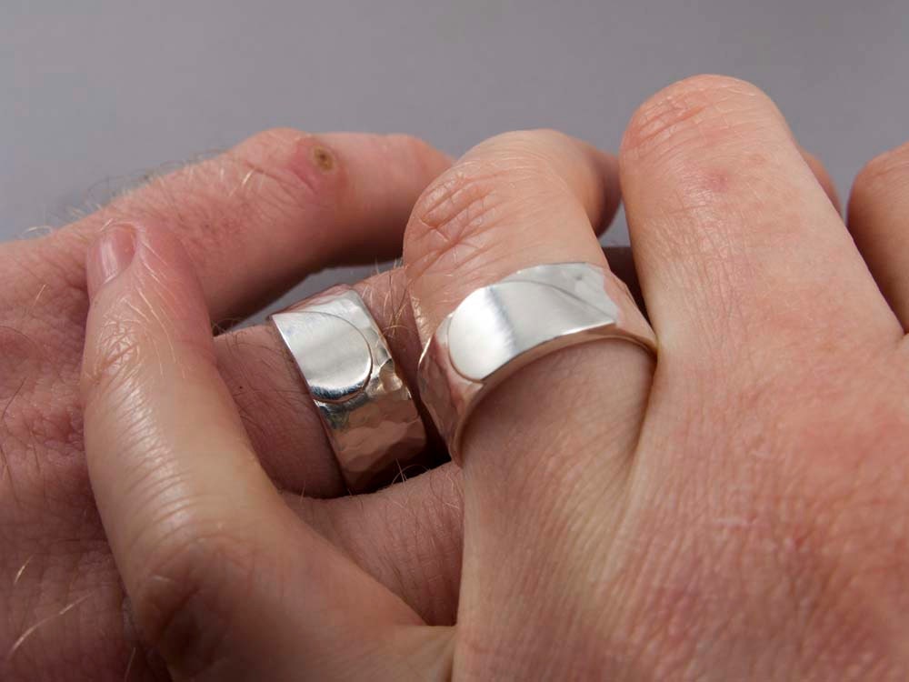 Extra Wide Heart Wedding Band Set - We Hold One Heart in Hammered Sterling Silver