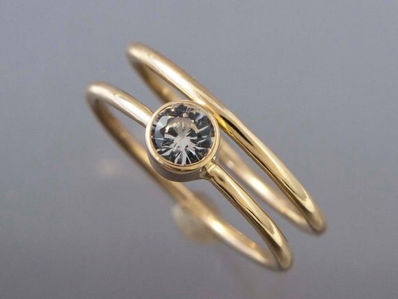14k Gold and White Sapphire Wedding Ring Set - Thin Engagement Ring and Wedding Band in yellow or white gold