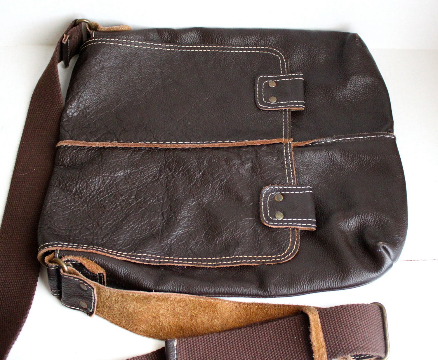 vintage Wilson leather cross-body messenger bag // dark brown // wide canvas adjustable strap