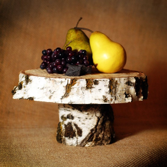 White Birch Rustic Wood Cake Stand 12 inch diameter