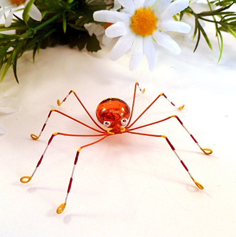 Three Hanging Spiders Handmade Orange Red and Yellow