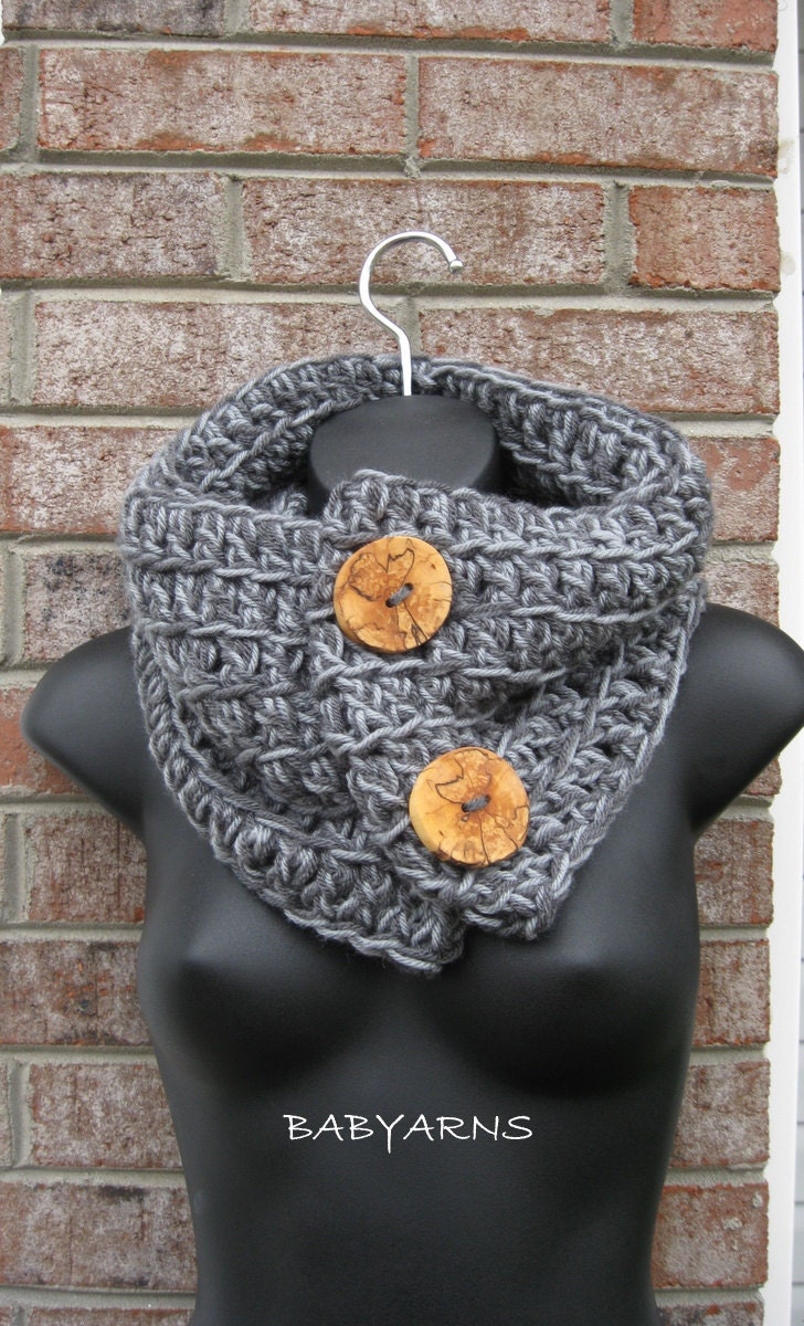 Cowl Neckwarmer Scarf in GRAY or ANY COLOR... Handmade wrap with original Tree Buttons