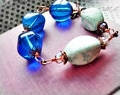 Blue Lucite Beaded Bracelet in Copper with Czech Glass Beads 7 inch