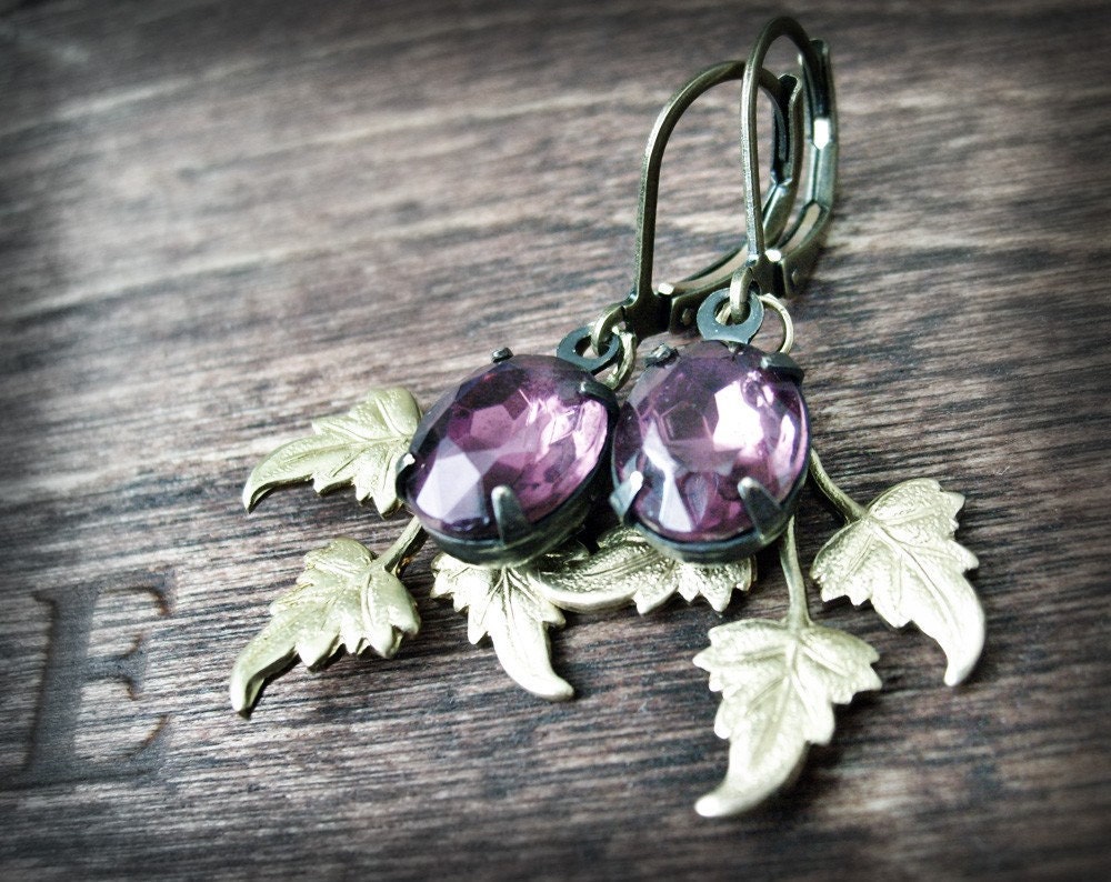 Amethyst Earrings with Leaves Wedding Jewelry Purple Earrings Vintage Glass Rhinestone Jewels Bohemian Boho Gypsy Eco Friendly