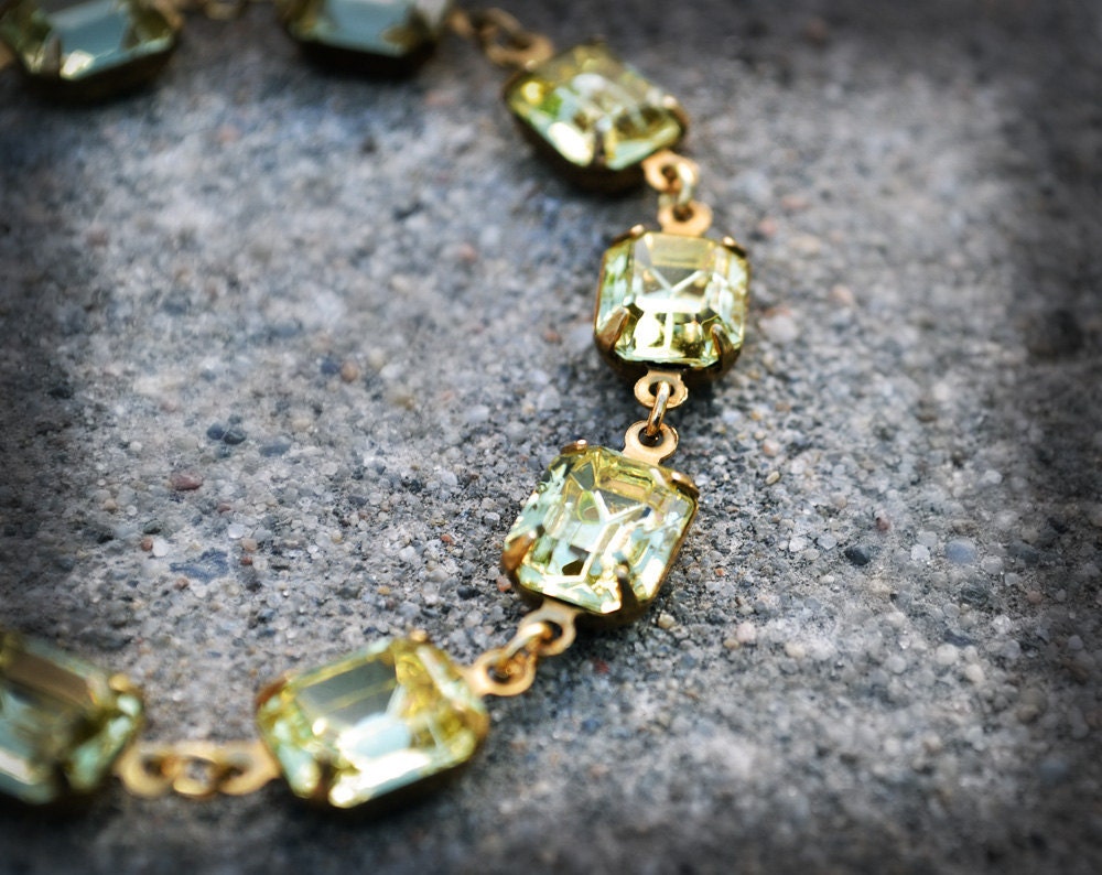 Jonquil Yellow Bracelet Vintage Glass Wedding Bracelet Bridesmaid Jewelry Cushion Cut Gold Plated Eco Friendly Bling Pastel Spring Fashion