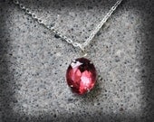 Dark Rose Pink Necklace Silver Plated Vintage Glass Rhinestone Jewel Estate Heirloom Czech - Bridesmaid Jewelry