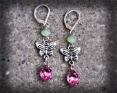 Butterfly Earrings Light Pink Earrings Vintage Glass Rhinestone Earrings Long Dangle Earrings Wedding Jewelry Eco Friendly Spring Fashion