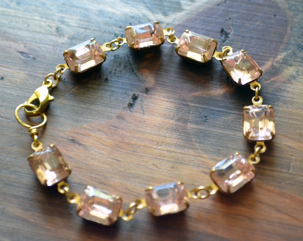 Rosaline Bracelet Light Pink Rosy Apricot Vintage Glass Rhinestone Faux Gem Jewel Raw Brass Golden Wedding Jewelry Glamorous Estate Style