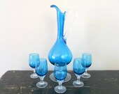 midcentury six piece blue glass sherry set - cocktail set - 1940s - elegance