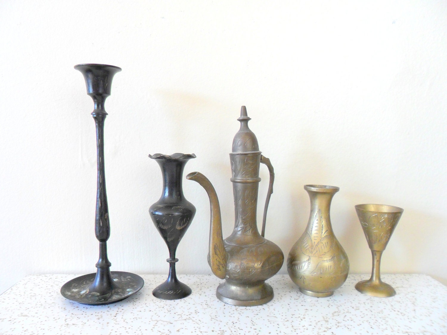seventeen piece india brass housewares collection - candle holder - trinket box - midcentury