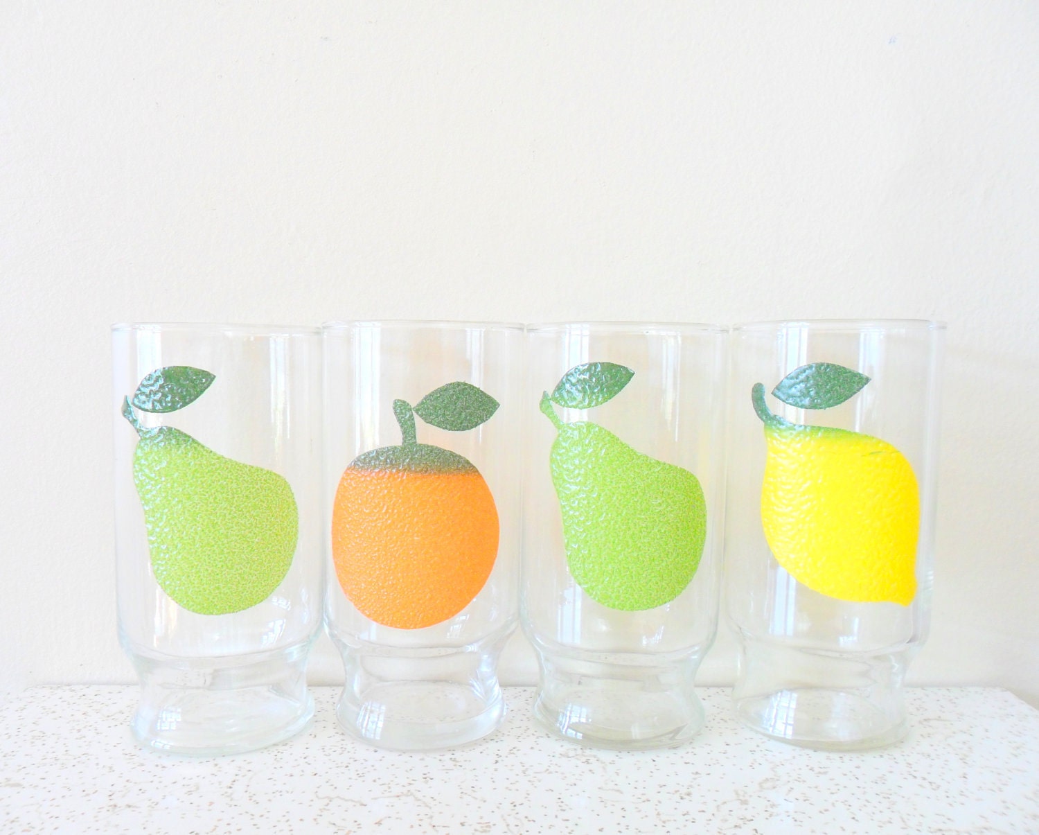 vintage textured fruit detailed juice glasses - pear - orange - lemon