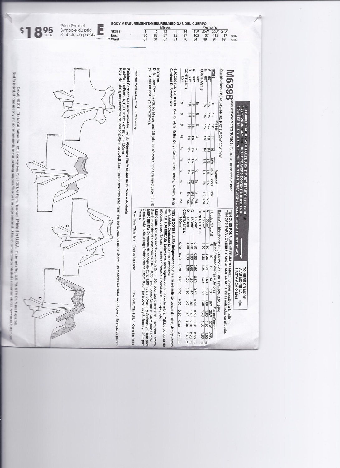 McCalls Pattern M6398 Misses Womens Tunics  half off Free shipping in USA