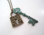 Key and Lock Green Patina Necklace Antique Brass Shabby Chic Cottage Chic Vintage Inspired Necklace Modern Vintage Style Jewelry