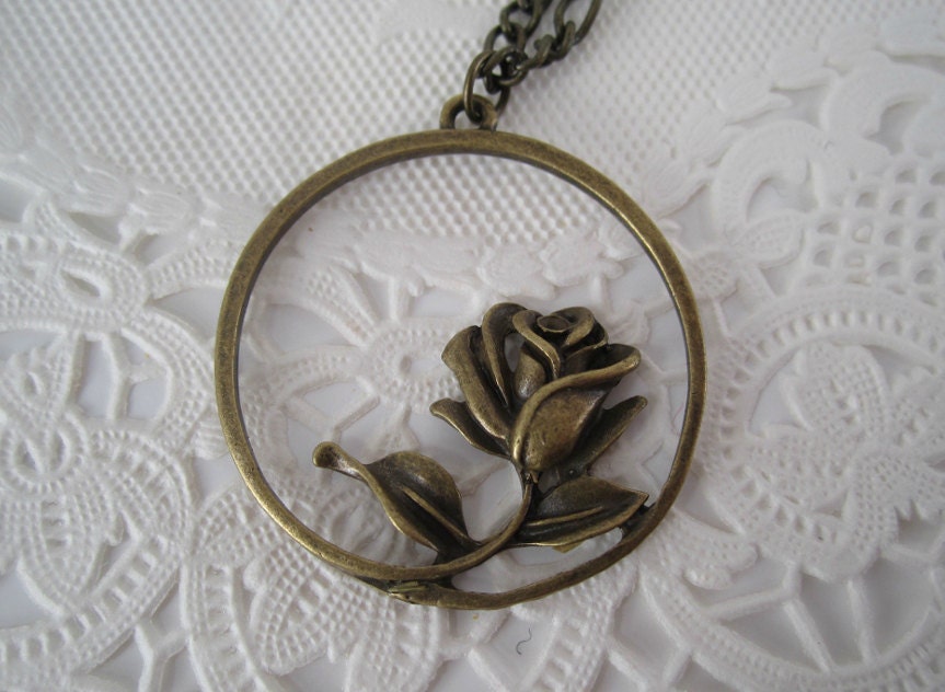 Single Rose Necklace Antique Brass Bloom Flower Necklace Longstem Rose Necklace Shabby Chic Necklace Modern Vintage Style Jewelry
