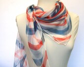 Hand Paintend Square Silk Chiffon Scarf Red Blue White Stripes Nautical Fashion accessorie