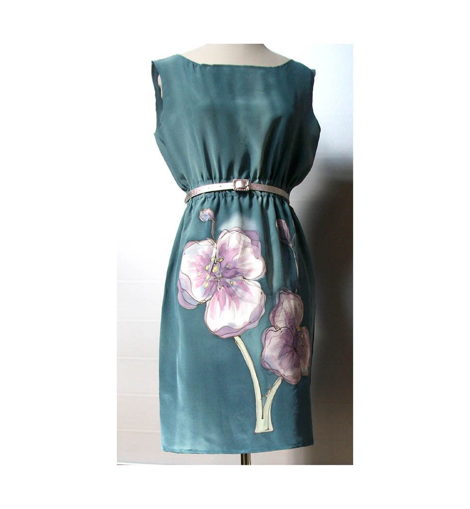 Floral Silk Summer Dress Handpainted Teal  Romantic Elegant Formal Prom Bridesmaids 1950s Style - TanjaDesign