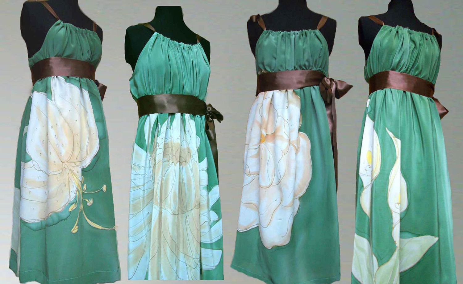 Four Hand Painted Custom Made Silk Bridesmaids Prom Formal Dresses Draped  Romantic Floral Flower Elegant  Spring  Summer