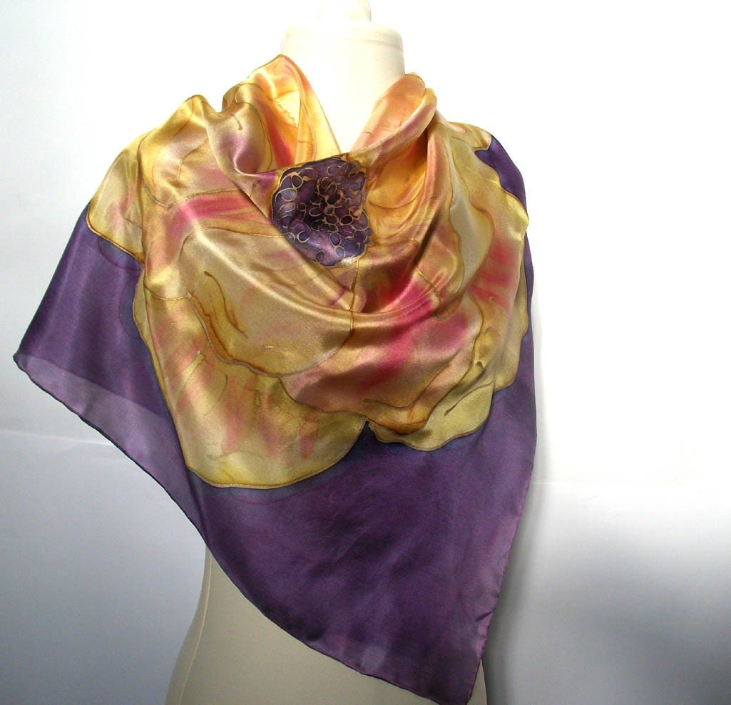 Silk scarf square handpainted magnolia floral purple mustard yellow pink luxurious spring fashion accessorie MADE TO ORDER
