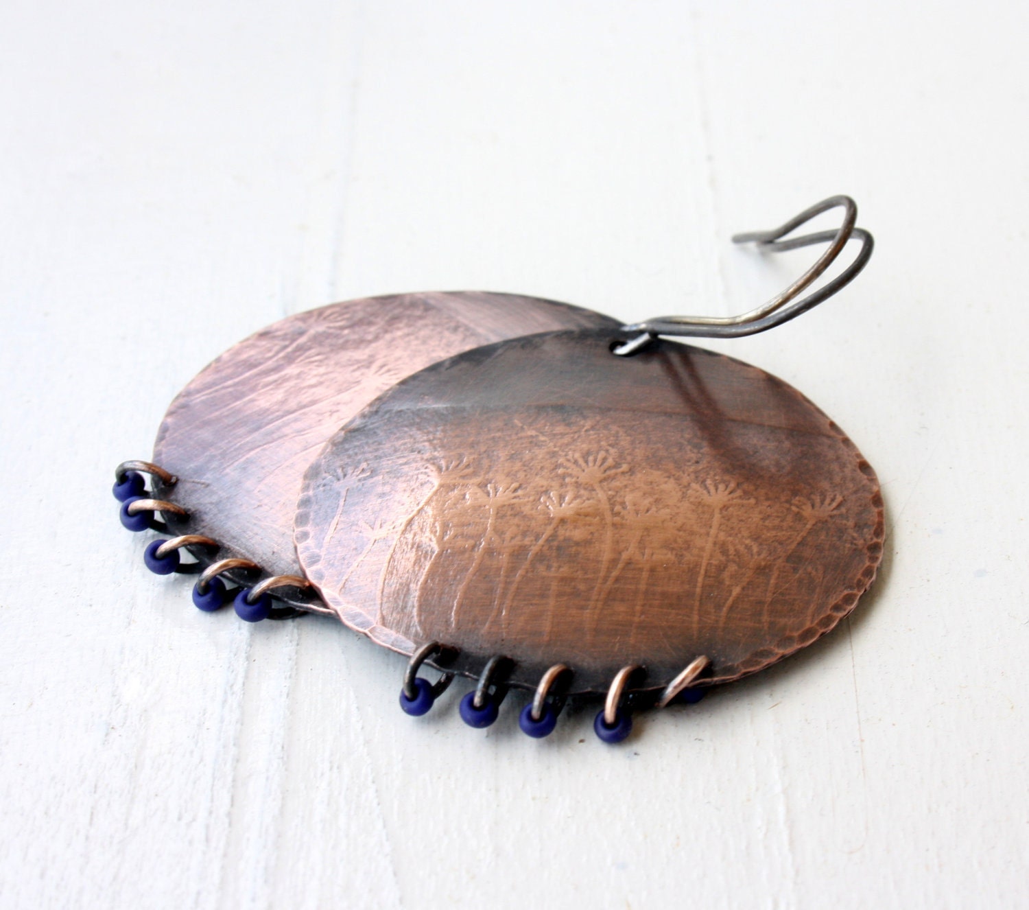 Dandelion embossed copper big round dangle earrings Handmade under 50