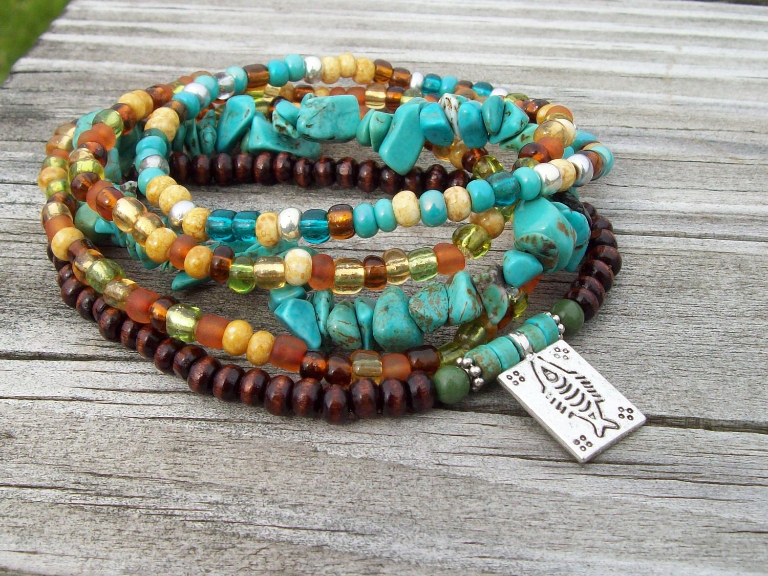 Turquoise Chip Bohemian Stack Bracelets With Lucky Fish Charm - Stretch Bracelets