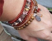 Shaman Internal Compass Stretch Stack Bracelets    -  Leopard Jasper, Brick Red Czech Glass and Wood with "Live" Metal Charm
