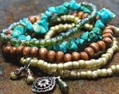 Copper Sunflower - Turquoise, Gold and Wood Beaded Stretch Bracelet Stack