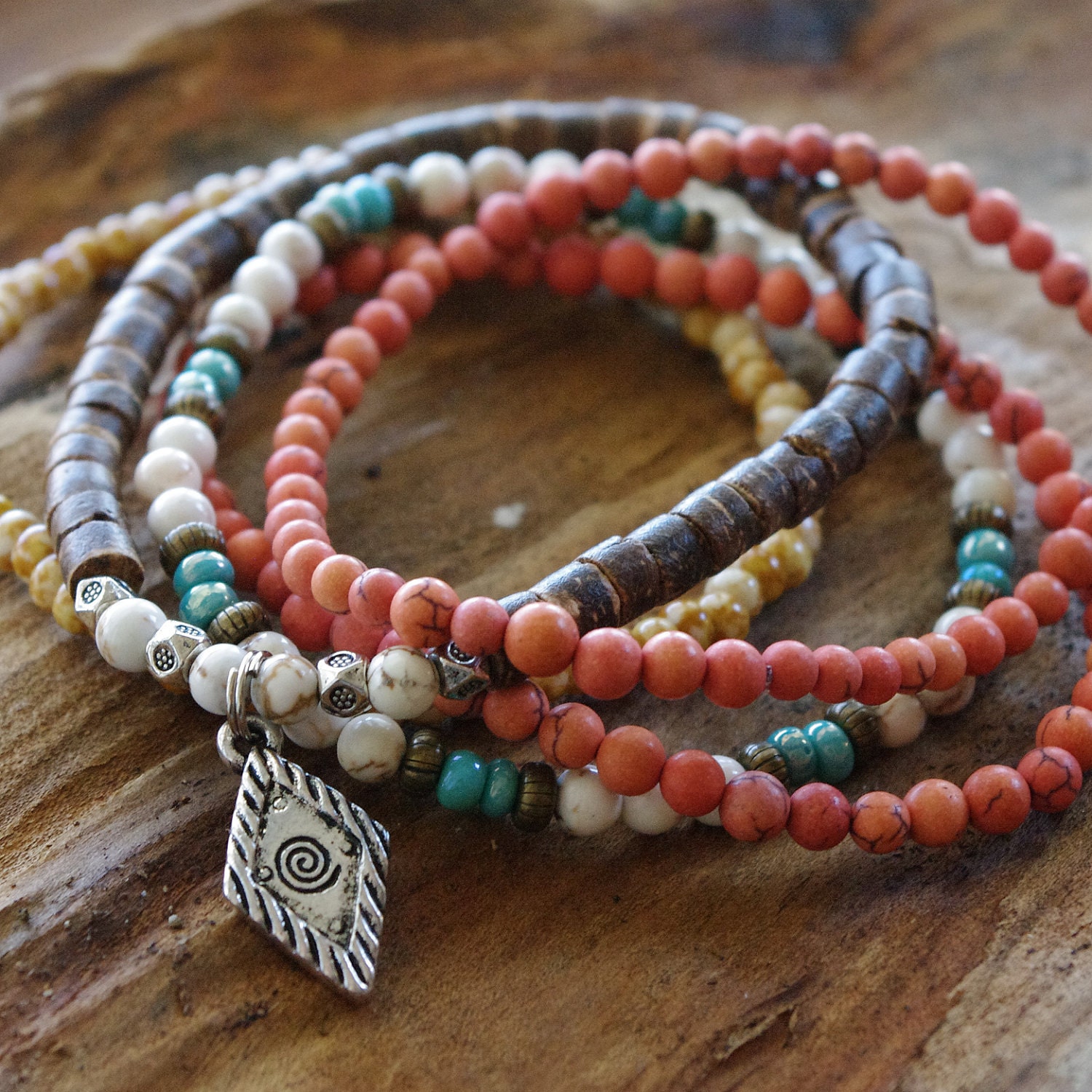 Boho Beaded Bracelets - Calming White and Orange Magnesite - Coconut Heishi Shell - Relieve Anxiety