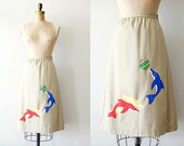 vintage wrap skirt - 1970s DOLPHiN skirt / tan schoolgirl embroidery