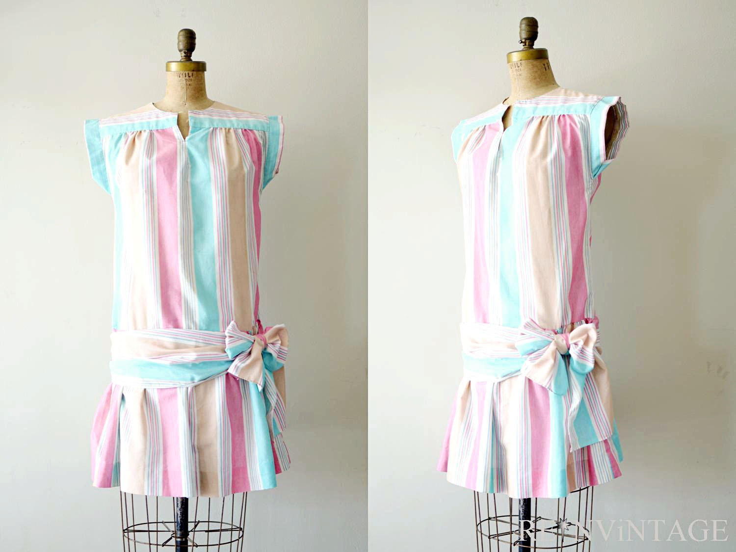 vintage 1980s dress - 80s summer dress / pink stripe drop waist bow