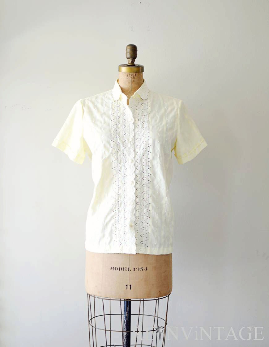 vintage 1950s blouse - 50s canary yellow lace shirt