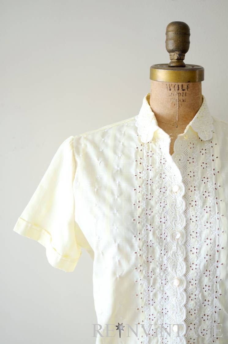 vintage 1950s blouse - 50s canary yellow lace shirt