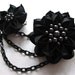 American Gothic Black Kanzashi Flower Hair Clips with Black Chain Drape