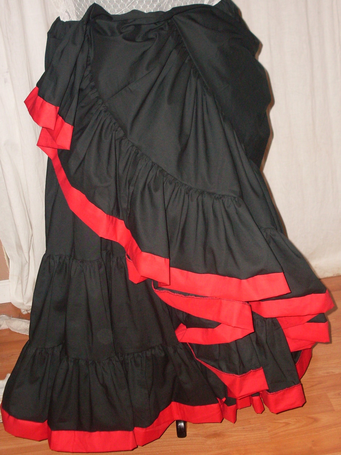 Strumpets Delight  Bon Petite Long Black with Red Hem Ten Yard Hem Cotton Tier Skirt Very Modest
