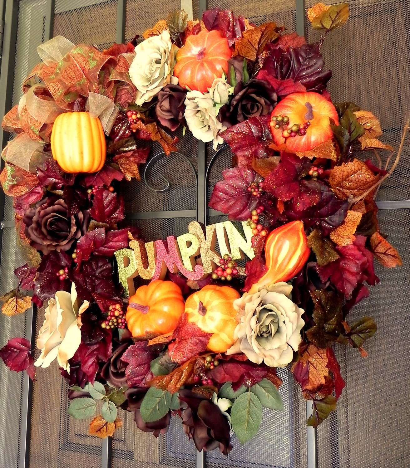 SALE Thanksgiving Halloween Wreath Fall Wreath Pumpkin Wreath ...Huge Pumpkins, Gold Glitter Grapevine Autumn Leaves, Lush Chocolate Roses
