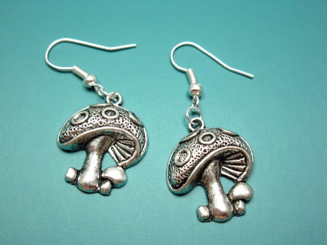 Woodland Mushroom Earrings - forest toadstool smurf gnome elf faery inspired cute quirky jewelry fun rockabilly silver plated szeya designs