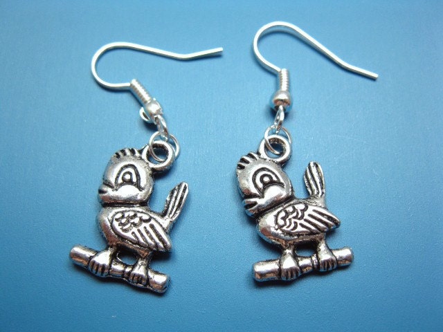 Little Songbird Earrings - bird on branch cute kawaii jewelry kitsch jewellery fun rockabilly cartoon style silver plated szeya designs