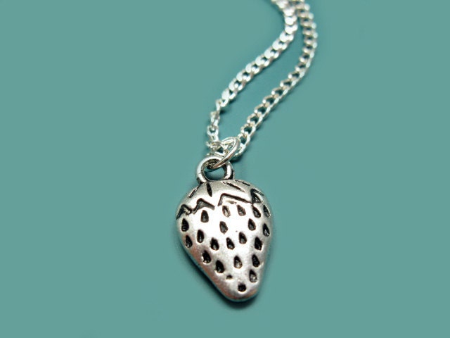 Strawberry Necklace - cute necklace kawaii necklace fruit necklace food necklace simple jewelry fun jewelry kitsch necklace silver plated