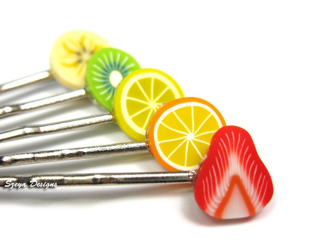 5 Fruit Slice Bobby Pin Set (Strawberry, Orange, Lemon, Kiwi, Banana) - rainbow hair clips cute barrette quirky kawaii szeya designs