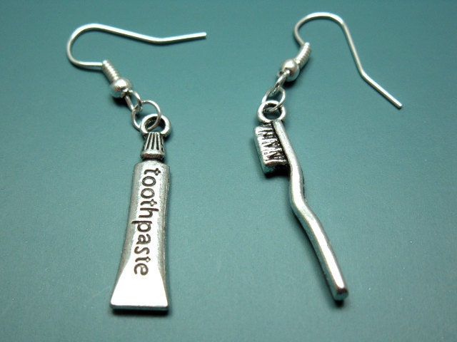 Toothbrush Toothpaste Earrings - cute quirky jewelry rockabilly jewellery geek chic toilet bathroom accessories silver plated szeya designs