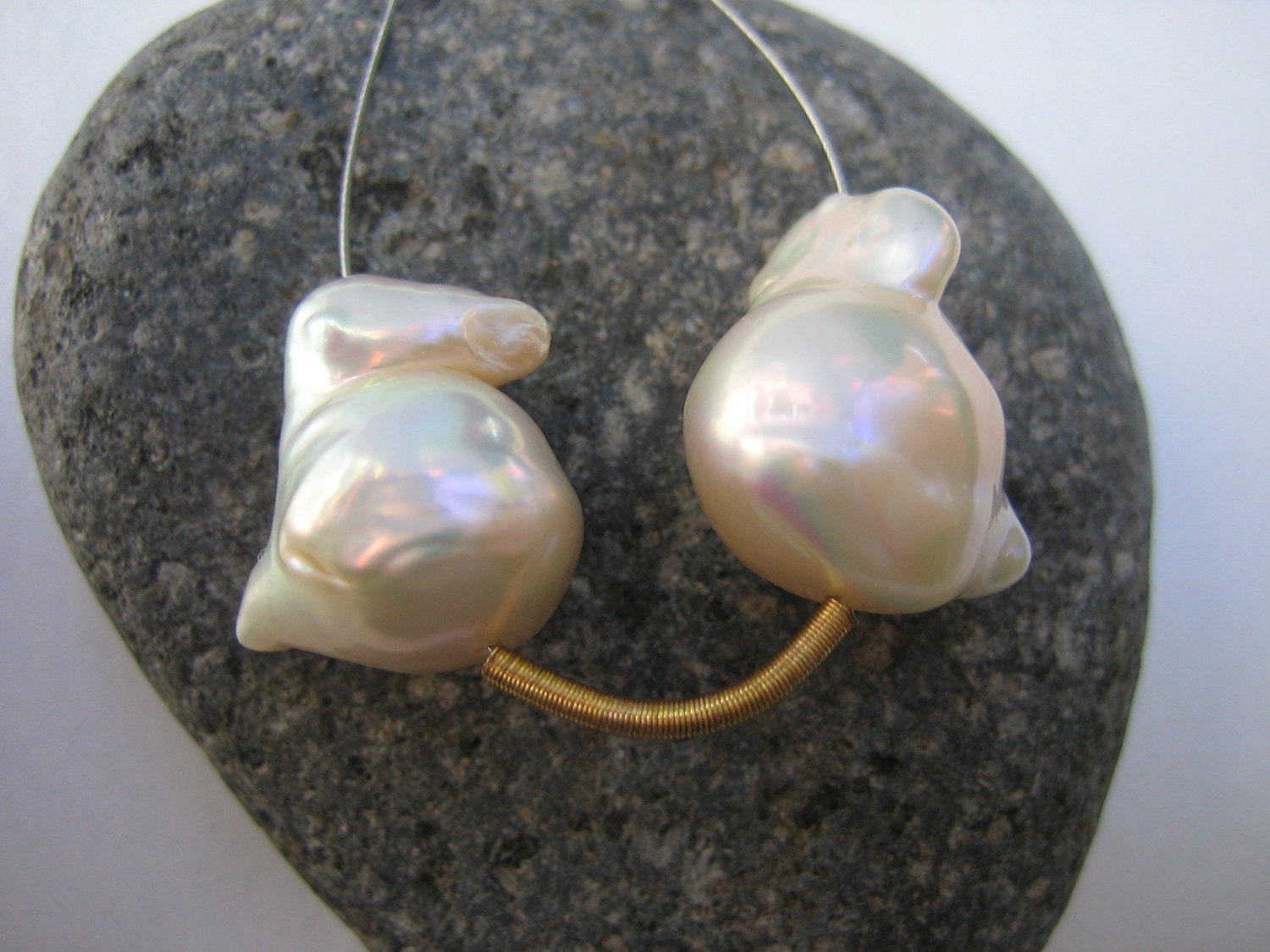 Pair Golden peach pink Rainbow Nucleated Freshwater Baroque Flameball Pearls 16mm