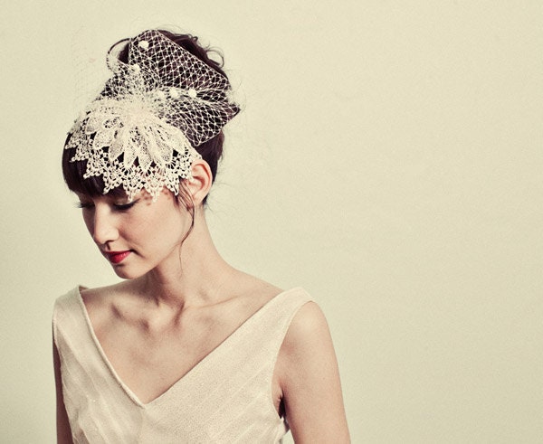 Venetian lace cap headband with chenille dot netting- style 116