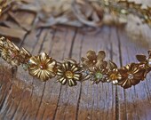 Brass flowers and leaves crown with silk ribbon ties, style 502b