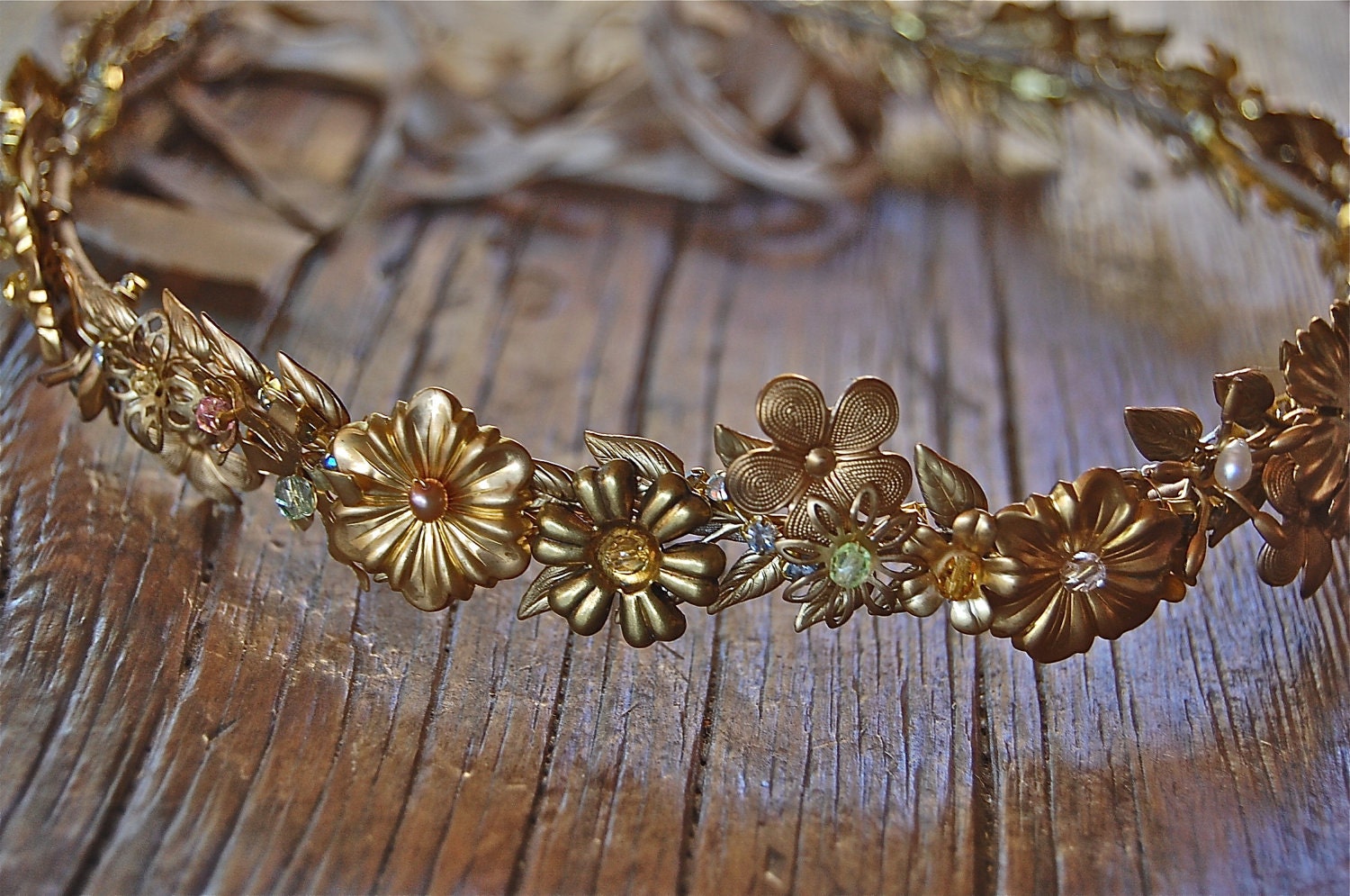 Brass flowers and leaves crown with silk ribbon ties, style 502b