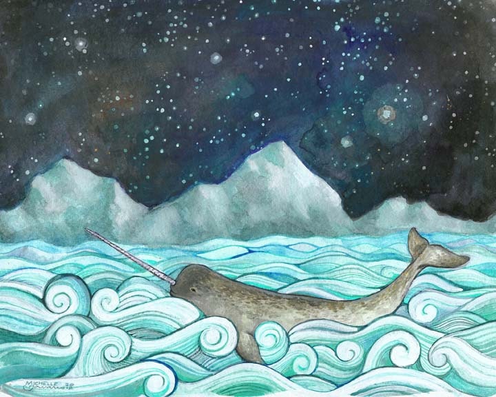 Narwhal Print from my Nautical Illustration 8"x10" - Children Decor - Narwhal & the Milky Way