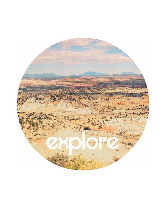 Motivational 8"x10" Print - Explore - circular format tribal style bohemian minimalist mountains sky blue inspirational