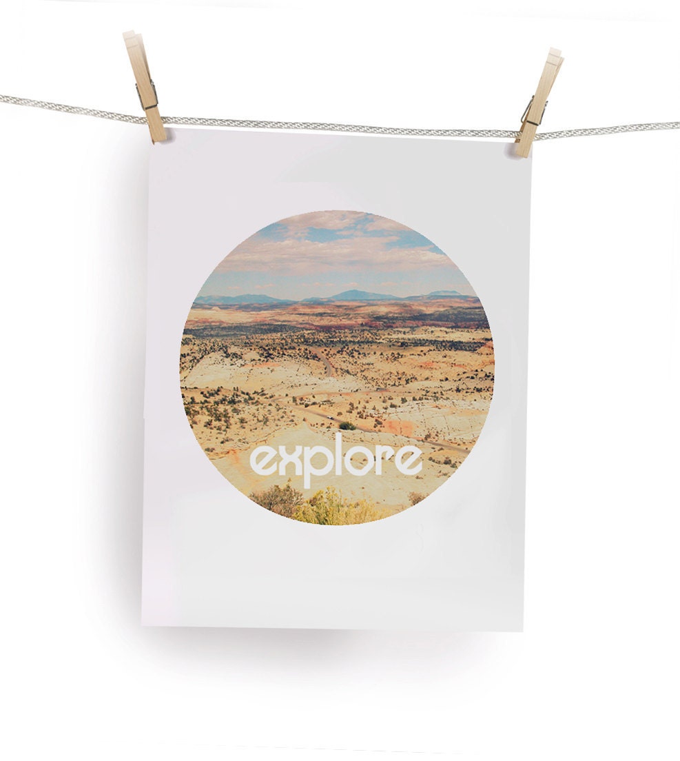 Motivational 8"x10" Print - Explore - circular format tribal style bohemian minimalist mountains sky blue inspirational