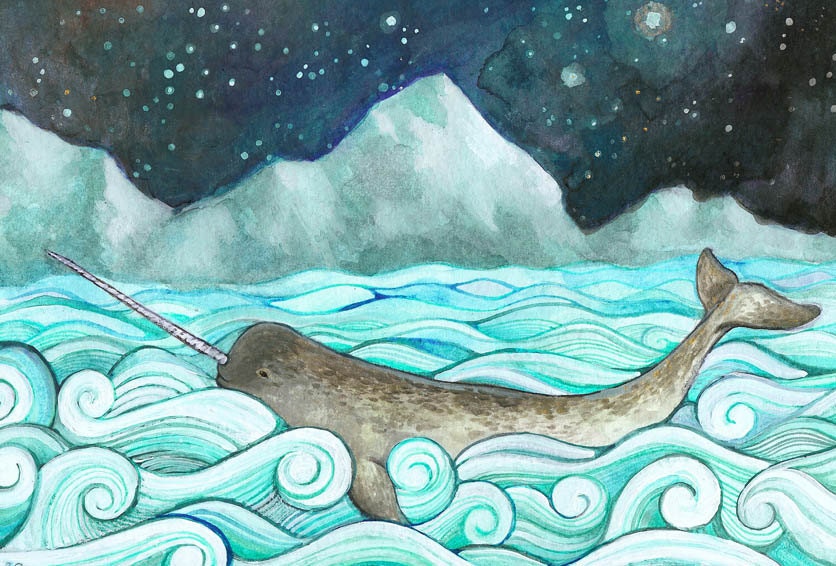 Narwhal Print from my Nautical Illustration 8"x10" - Children Decor - Narwhal & the Milky Way