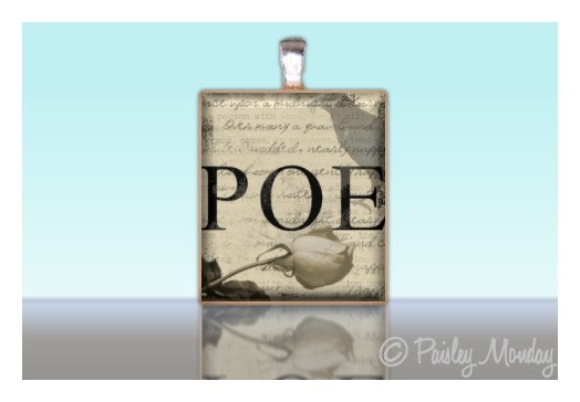 Scrabble Tile Pendant EDGAR ALLAN POE Raven Rose Sepia Custom Charm
